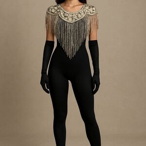 Stunning David Howard Vintage Silk Black Silver Beaded Sequins Capelet Shawl